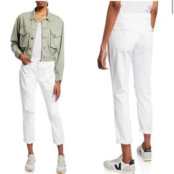 FRAME NWT Le Garcon Rumpled Blanc Rips Mid Rise Denim Jeans White‎ Distressed 25 - Picture 1 of 13